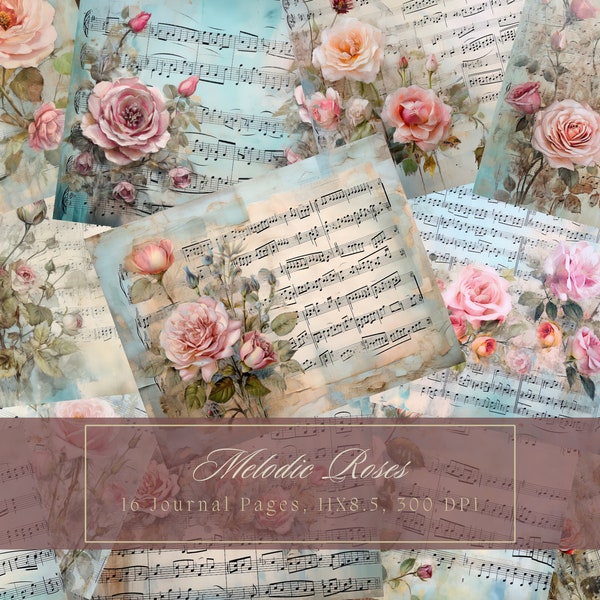 Vintage Musical Junk Journal Kit Roses Vintage Ephemera Journal Digital Paper Scrapbooking Printable Shabby Pages Journal Kit Shabby Chic