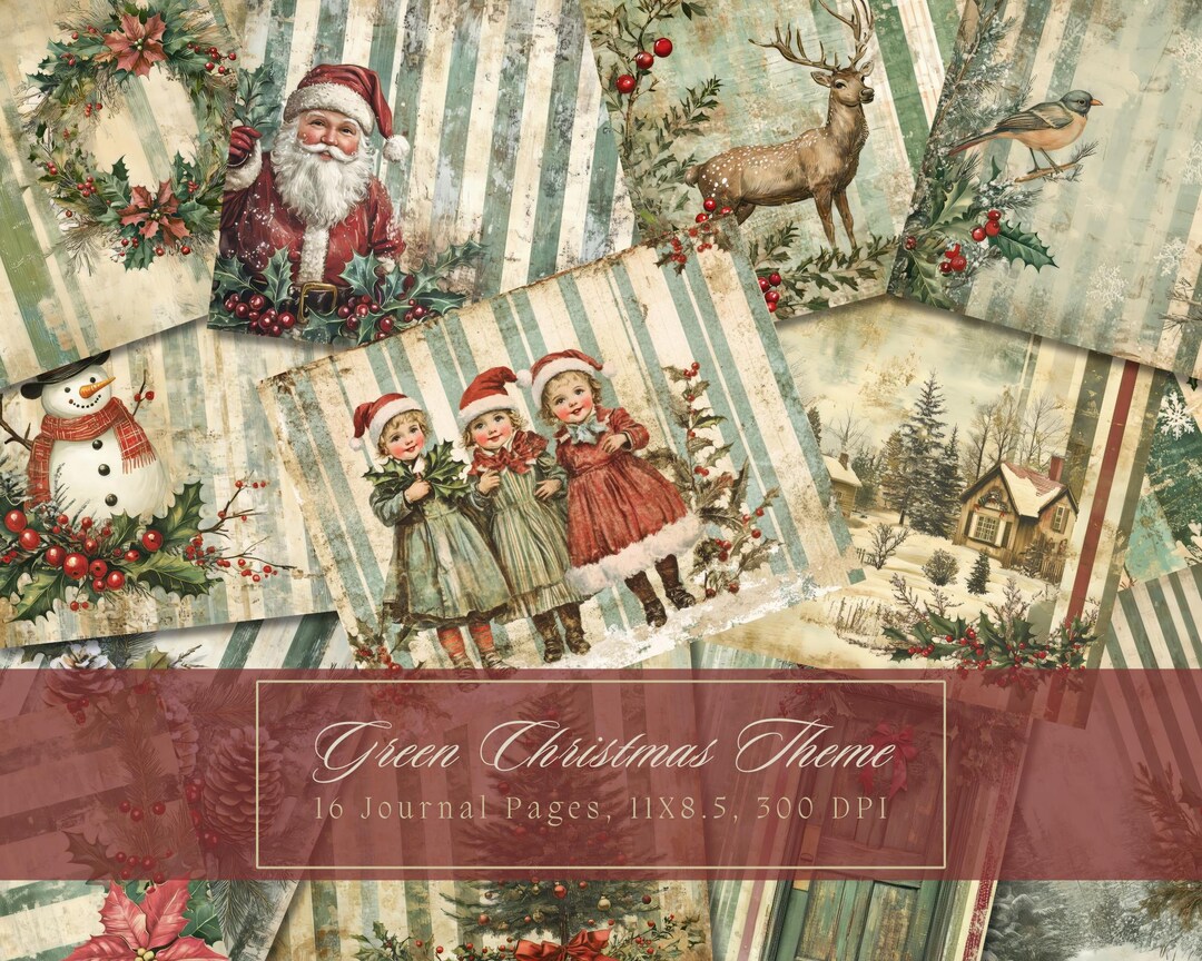 Green Christmas Junk Journal Kit Snowman Vintage Ephemera Santa Claus ...