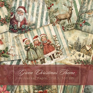 Kit de carnet vert Noël bonhomme de neige vintage éphémère père Noël journal papier numérique Scrapbooking pages rustiques imprimables shabby chic
