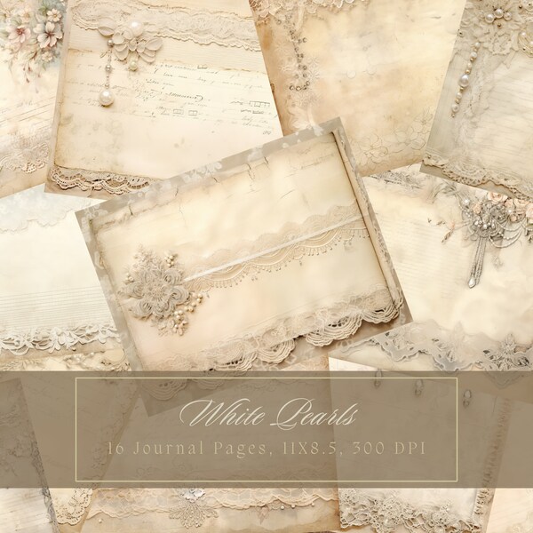 Shabby Chic Junk Journal Kit Beige Vintage Lace Ephemera Collage Sheets Printable White Flower Digital Paper Scrapbooking Pearl Floral Pages