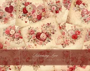 Floral Hearts Junk Journal Kit Vintage Love Letter Digital Paper for Scrapbooking Vintage Valentine Flowers Ephemera Butterfly Journal Page
