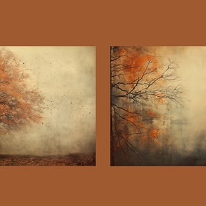 Puede incluir: Dos im&aacute;genes art&iacute;sticas de &aacute;rboles en un bosque brumoso. La primera imagen muestra un solo &aacute;rbol con hojas naranjas en el centro de la imagen. La segunda imagen muestra un &aacute;rbol con hojas naranjas en el lado derecho de la imagen.