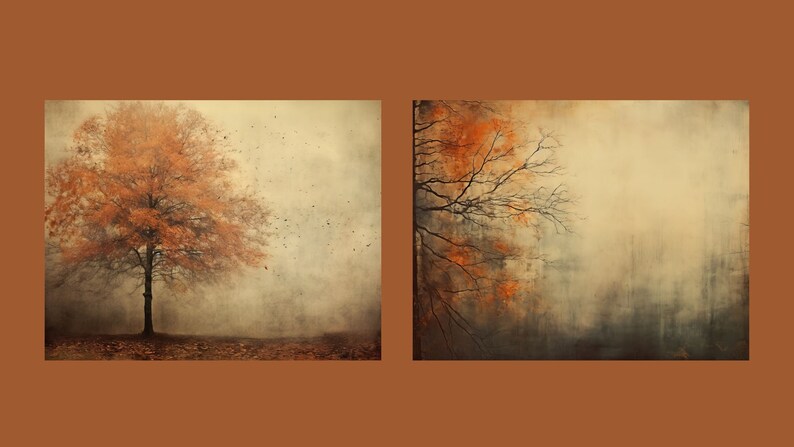 Puede incluir: Dos im&aacute;genes art&iacute;sticas de &aacute;rboles en un bosque brumoso. La primera imagen muestra un solo &aacute;rbol con hojas naranjas en el centro de la imagen. La segunda imagen muestra un &aacute;rbol con hojas naranjas en el lado derecho de la imagen.