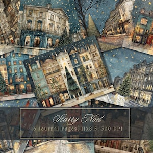 Christmas Town Junk Journal Paper Winter Background Journal Pages Printable Night Sky Junk Journal Kit Snow Digital Paper for Scrapbooking