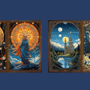 K&ouml;nnte beinhalten: Vier farbenfrohe Illustrationen mit einem himmlischen Thema. Jede Illustration zeigt eine Frau in einem blauen Gewand, einen Himmelsk&ouml;rper und einen dekorativen Rahmen. Die erste Illustration zeigt eine Frau, die einen Blumenstrau&szlig; h&auml;lt, die zweite zeigt eine Frau, die vor einer Sonne steht, die dritte zeigt eine Burg in einer Landschaft und die vierte zeigt eine Frau, die eine Waage h&auml;lt.