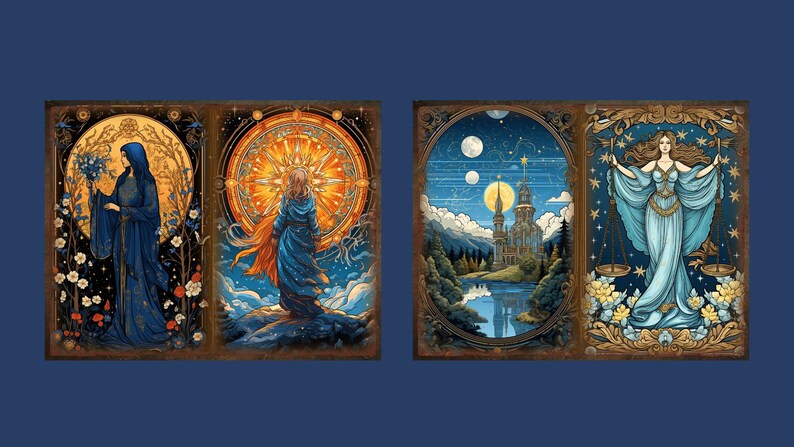 K&ouml;nnte beinhalten: Vier farbenfrohe Illustrationen mit einem himmlischen Thema. Jede Illustration zeigt eine Frau in einem blauen Gewand, einen Himmelsk&ouml;rper und einen dekorativen Rahmen. Die erste Illustration zeigt eine Frau, die einen Blumenstrau&szlig; h&auml;lt, die zweite zeigt eine Frau, die vor einer Sonne steht, die dritte zeigt eine Burg in einer Landschaft und die vierte zeigt eine Frau, die eine Waage h&auml;lt.