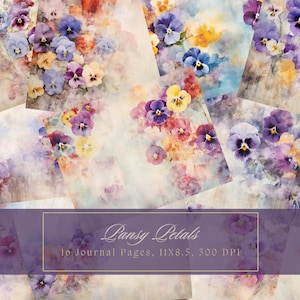 Pansy Junk Journal Kit Vintage Floral Bellissimo diario Carta digitale Scrapbooking Pansies Pagine squallide stampabili colorate Download istantaneo