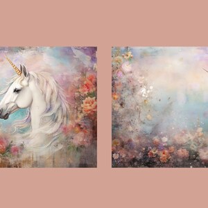 May include: Two digital paintings of white unicorns in a field of flowers. The first unicorn is looking to the left with its head turned. The second unicorn is running to the right.