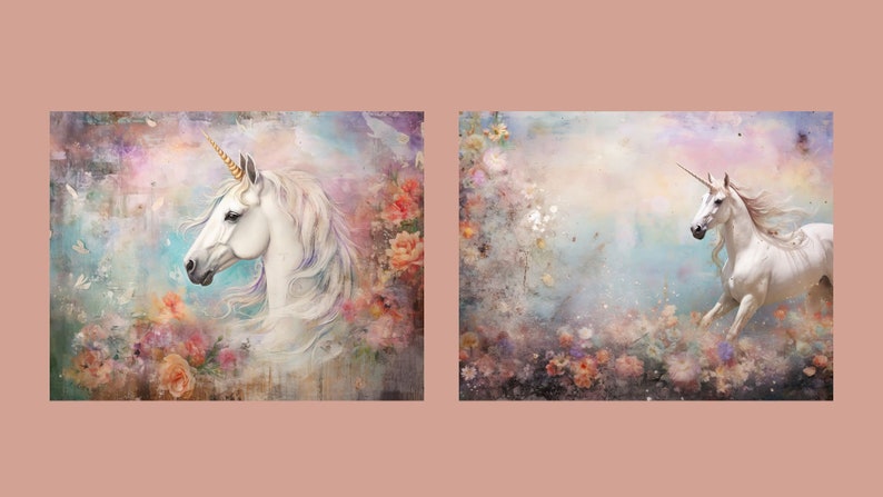 May include: Two digital paintings of white unicorns in a field of flowers. The first unicorn is looking to the left with its head turned. The second unicorn is running to the right.
