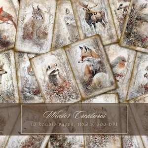 Kit de diário de lixo de animais de inverno, folhas de colagem de mídia mista de floresta de Natal, papel digital de neve vintage, scrapbooking, páginas de floresta surrada