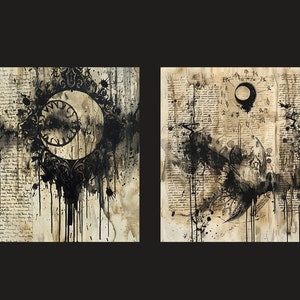 May include: Two black and white abstract paintings on a textured paper background. The left painting features a crescent moon with a clock face inside, surrounded by black ink splatters. The right painting features a black ink splatter design with a crescent moon in the upper right corner.