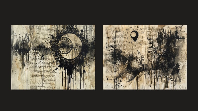 May include: Two black and white abstract paintings on a textured paper background. The left painting features a crescent moon with a clock face inside, surrounded by black ink splatters. The right painting features a black ink splatter design with a crescent moon in the upper right corner.