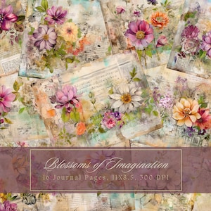 Kit de diario basura de flores de acuarela, medios mixtos, página de diario floral vintage, papel digital, scrapbooking, páginas en mal estado imprimibles, Shabby Chic