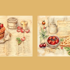 May include: Two watercolour illustrations of food on a vintage background. The first image shows a stack of pancakes topped with strawberries and blackberries. The second image shows a bowl of tomatoes, a flatbread, and a jar of jam.