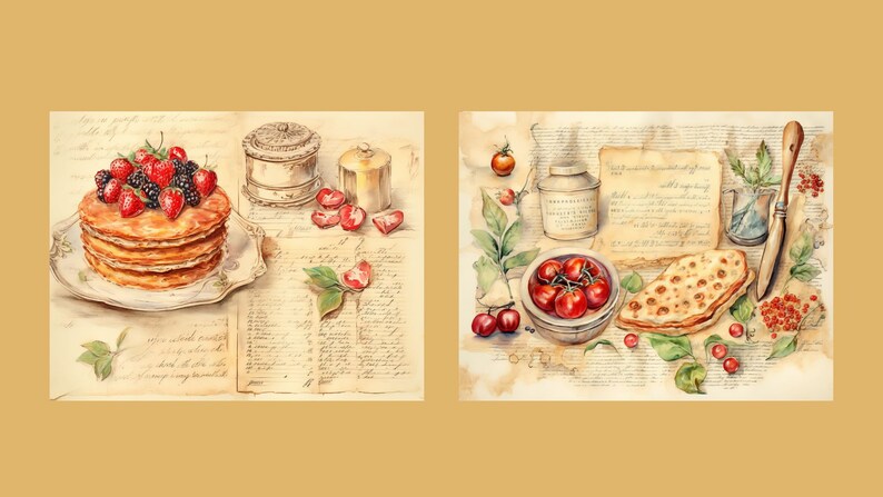 May include: Two watercolour illustrations of food on a vintage background. The first image shows a stack of pancakes topped with strawberries and blackberries. The second image shows a bowl of tomatoes, a flatbread, and a jar of jam.