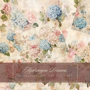 Faded Floral Junk Journal Kit Hortensien Blumen Shabby Seiten Antik Garten Blume Digitales Papier Scrapbooking Aquarell Vintage Ephemera