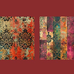 Puede incluir: Dos alfombras coloridas con patrones y un aspecto desgastado y vintage. La alfombra de la izquierda tiene un gran dise&ntilde;o floral intrincado en tonos de turquesa, naranja y negro. La alfombra de la derecha est&aacute; hecha de parches rectangulares m&aacute;s peque&ntilde;os de varios colores y patrones.