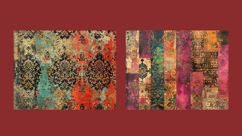 Puede incluir: Dos alfombras coloridas con patrones y un aspecto desgastado y vintage. La alfombra de la izquierda tiene un gran dise&ntilde;o floral intrincado en tonos de turquesa, naranja y negro. La alfombra de la derecha est&aacute; hecha de parches rectangulares m&aacute;s peque&ntilde;os de varios colores y patrones.