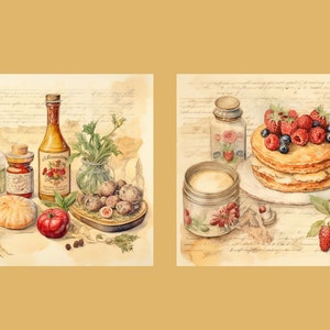 May include: Two watercolour paintings depicting still life scenes. The first painting features a variety of food items, including a bottle of wine, a jar of jam, a loaf of bread, a tomato, and a bowl of berries. The second painting features a plate of cake topped with berries, a jar of cream, and a teapot.