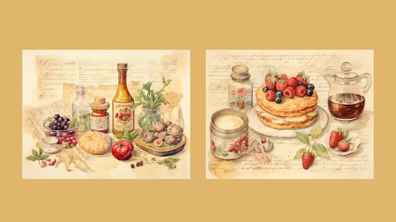 May include: Two watercolour paintings depicting still life scenes. The first painting features a variety of food items, including a bottle of wine, a jar of jam, a loaf of bread, a tomato, and a bowl of berries. The second painting features a plate of cake topped with berries, a jar of cream, and a teapot.