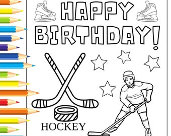 HOCKEY: Kids Happy Birthday Card Coloring Sheet Printable