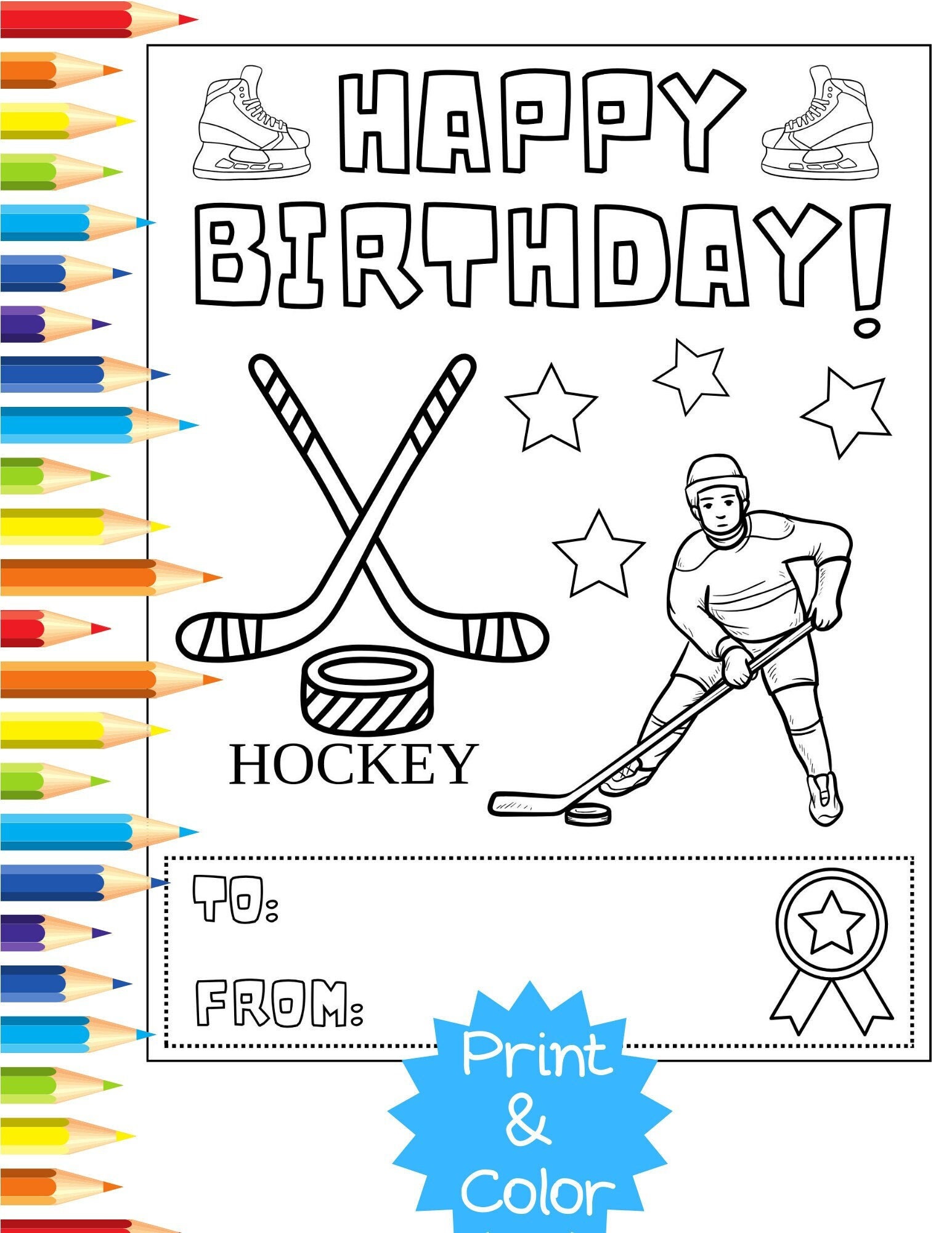 HOCKEY: Kids Happy Birthday Card Coloring Sheet Printable - Etsy