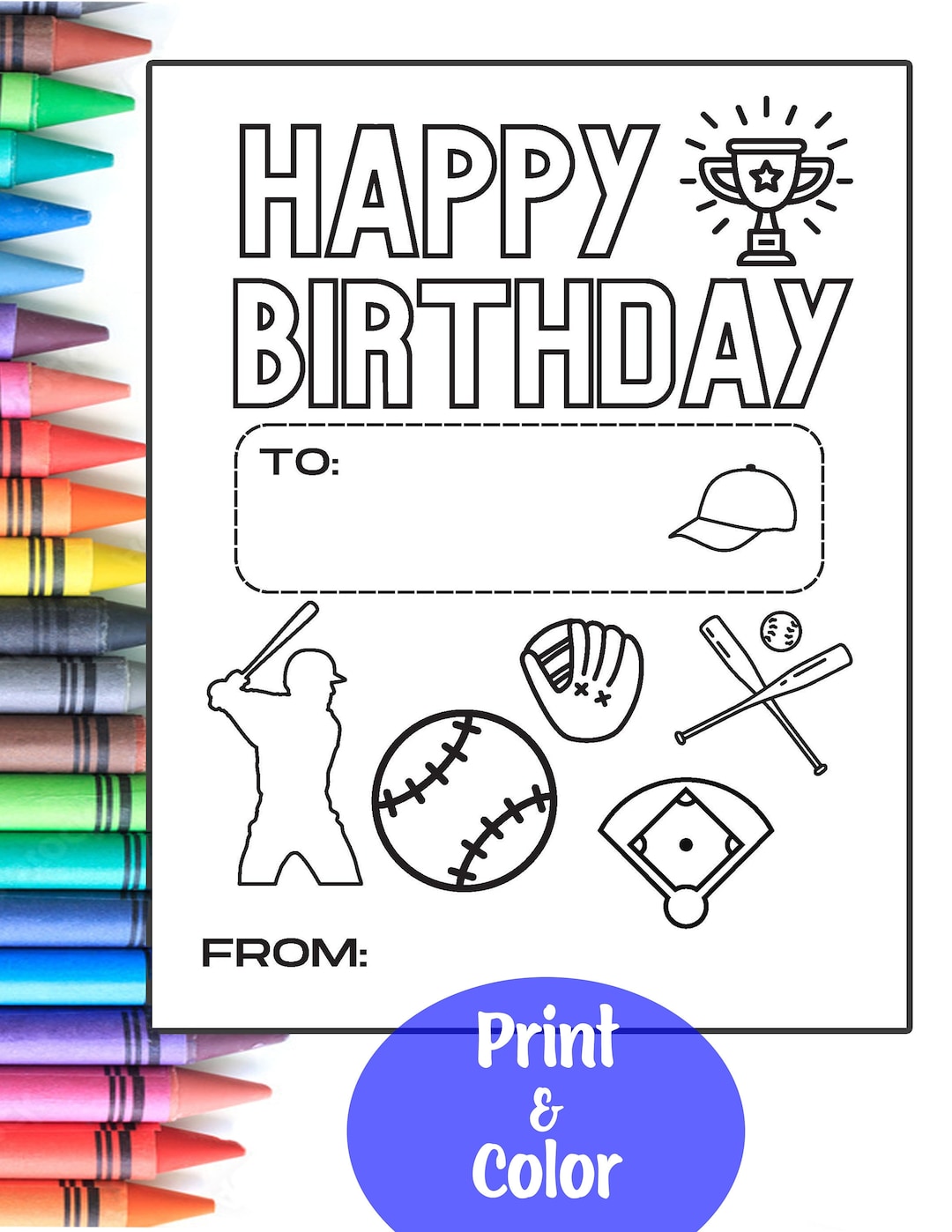 BASEBALL: Kids Happy Birthday Card Coloring Sheet Printable - Etsy