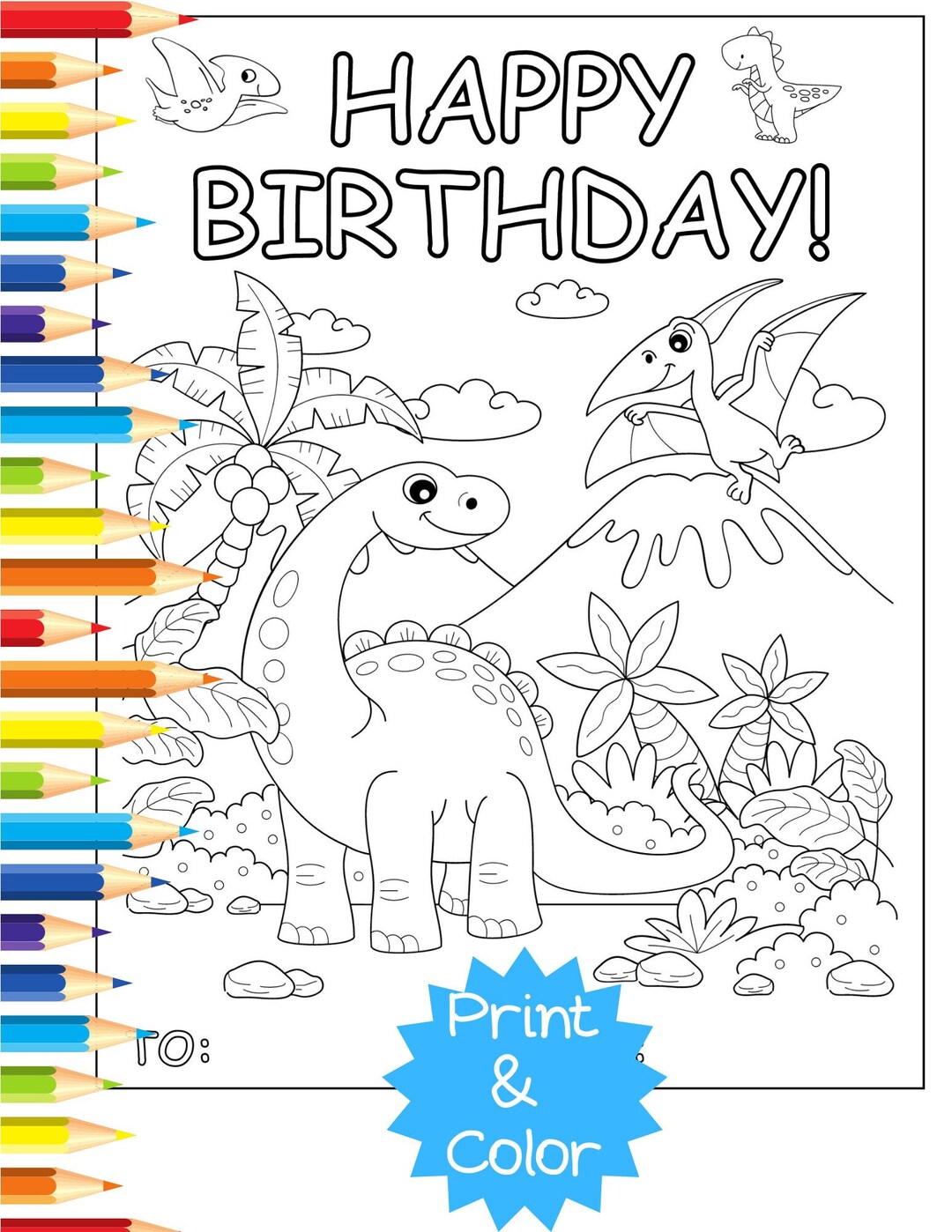 Dinosaurs: Kids Happy Birthday Card Coloring Sheet Printable - Etsy