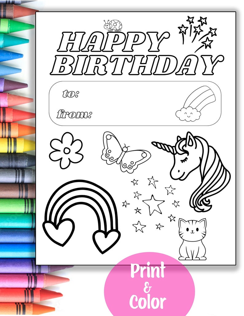 Kids Happy Birthday Card Coloring Sheet Printable Rainbows and - Etsy