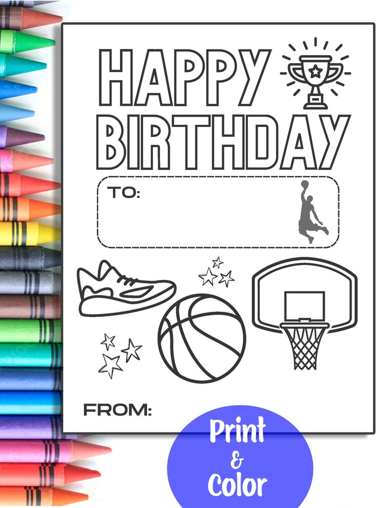 BASKETBALL: Kids Happy Birthday Card Coloring Sheet - Etsy