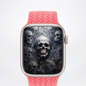 Sfondo di Apple Watch con teschio fumoso, sfondo autunnale di Smartwatch, quadrante gotico, salvaschermo spettrale di Halloween SOLO digitale