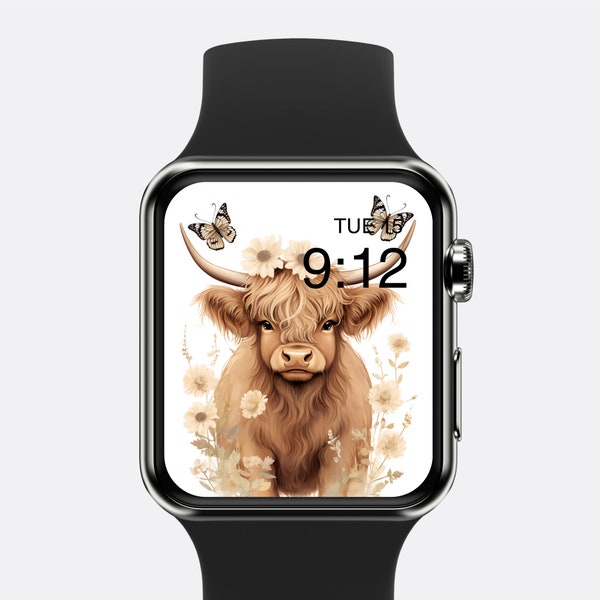 Baby Highland Cow Apple Watch Butterfly Watch Background Flower Watch Face Winter Holiday Watch Screensaver Beige Aesthetics Digital ONLY