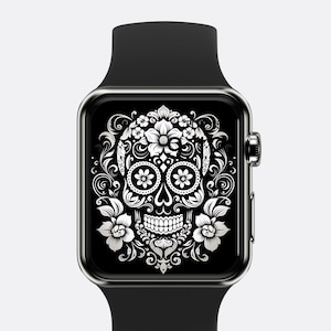 Teschio e fiori Sfondo per Apple Watch Giorno dei morti Sfondo per smartwatch Quadrante gotico per orologio di Halloween Salvaschermo per orologio SOLO digitale