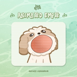 May include: A digital illustration of a cartoon dog with a surprised expression, labelled "ANIMATED EMOTE". The dog has white and brown fur, large eyes, and an open mouth. The text "Socials @keawave" is at the bottom.