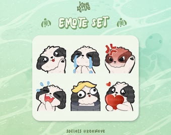 black & white dog emotes • 6 cute puppy emotes • kawaii, cozy, shih tzu, terrier, chibi, emojis, discord, twitch, youtube, stream • keawave