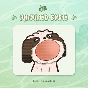 May include: Animated digital sticker of a brown and white dog with big eyes, looking up and blowing a pink bubble. The sticker is on a white background with the text "Kea Wave" and "ANIMATED EMOTE" in black.