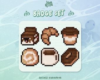 Può includere: Un set di sei badge in pixel art che rappresentano vari cibi, tra cui un croissant, una tazza di caffè, una ciambella, un vortice di pasticceria e due diversi tipi di dessert al cioccolato. I badge sono tutti in uno schema di colori marrone e bianco e hanno il testo "Keawave" su di essi.