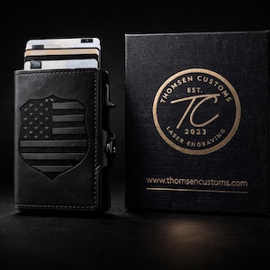 Police Shield American Flag Black Leather Pop Up Wallet | RFID Wallet | Personalized EDC Gift