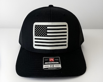 American Flag Leather Patch Trucker Hat | Richardson 112 Meshback