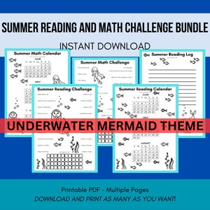 Peut inclure: Un lot de défis de lecture et de mathématiques d'été imprimable pour les enfants sur le thème de la sirène sous-marine. Le lot comprend un journal de lecture, un calendrier de lecture, un calendrier de mathématiques et un défi de mathématiques. Toutes les pages sont en noir et blanc.
