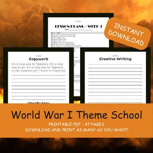 Puede incluir: Planes de lecciones imprimibles para una escuela con el tema de la Primera Guerra Mundial. Los planes de lecciones incluyen copia, escritura creativa y actividades de vocabulario. Los planes de lecciones tienen 47 páginas y se pueden descargar e imprimir tantas veces como sea necesario.