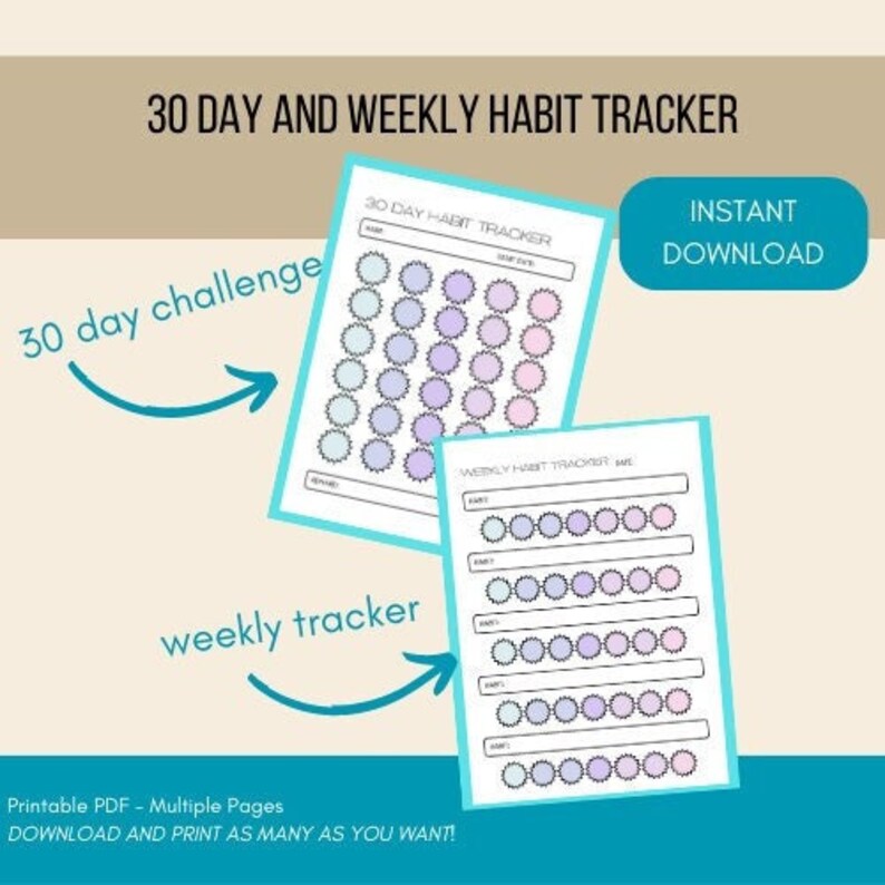 Habit Tracker Printable 30 Day and Weekly, 30 Day Challenge Printable ...