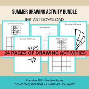 Summer Drawing Activity Bundle Printable, Trace and Color Printable, Complete the Drawing Printable, Copy the Section Printable, How to Draw