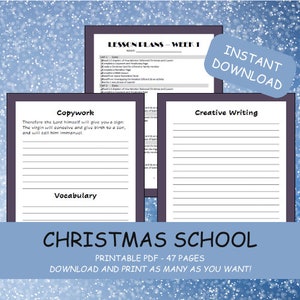 Puede incluir: Un plan de estudios de la escuela de Navidad imprimible con 47 páginas de planes de lecciones, trabajo de copia, vocabulario y actividades de escritura creativa. La portada presenta un fondo de copo de nieve azul y blanco con el texto "Christmas School" en blanco.