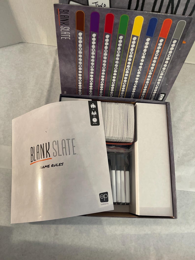 Puede incluir: El juego de mesa "Blank Slate" se muestra abierto, revelando los componentes del juego. La caja presenta el t&iacute;tulo del juego y marcadores coloridos. En el interior, hay cartas, marcadores y un libro de reglas. El juego est&aacute; dise&ntilde;ado para varios jugadores.