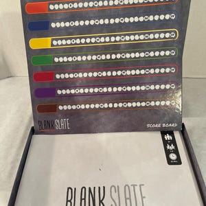 Puede incluir: Juego de mesa "Blank Slate" con un tablero de puntuaci&oacute;n con barras de colores y valores de puntos. La caja del juego muestra el t&iacute;tulo y el texto "Reglas del juego". El juego est&aacute; dise&ntilde;ado para 3-8 jugadores y dura unos 30 minutos.