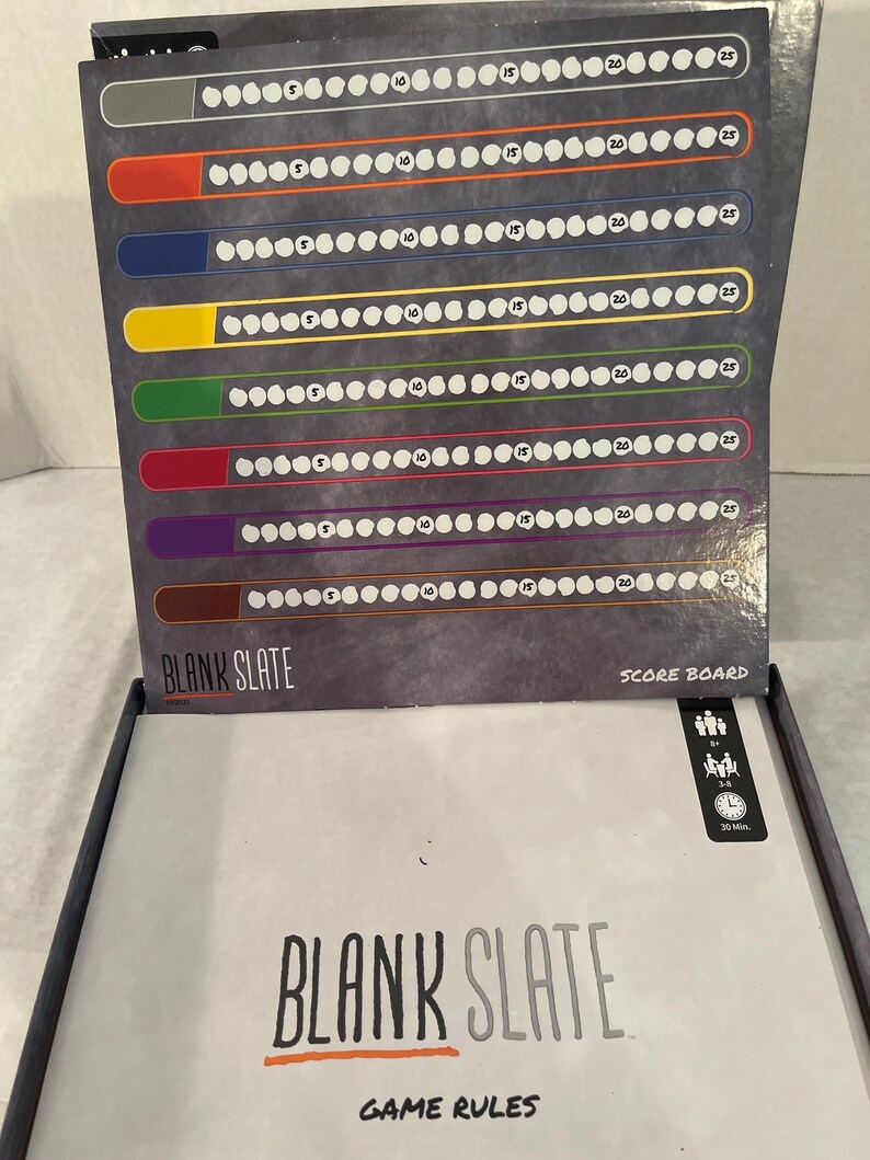 Puede incluir: Juego de mesa "Blank Slate" con un tablero de puntuaci&oacute;n con barras de colores y valores de puntos. La caja del juego muestra el t&iacute;tulo y el texto "Reglas del juego". El juego est&aacute; dise&ntilde;ado para 3-8 jugadores y dura unos 30 minutos.