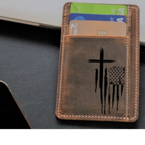 Regalo cristiano religioso personalizado para el Día del Padre, billetera cruzada con bolsillo frontal grabado, tarjetero delgado de cuero personalizado para hombre.