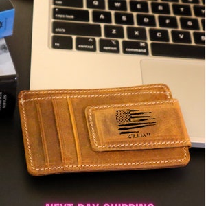 Patriotic Money Clip for Veterans, Magnetic Money Clip with American Flag, Customized Magnetic Money Clip, Personalized Leather Money Clip