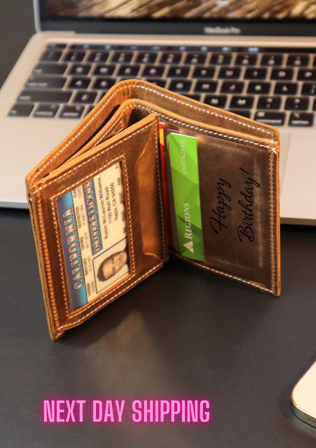 Natural Leather Wallet, Engraved Leather Men's Wallet, Customized